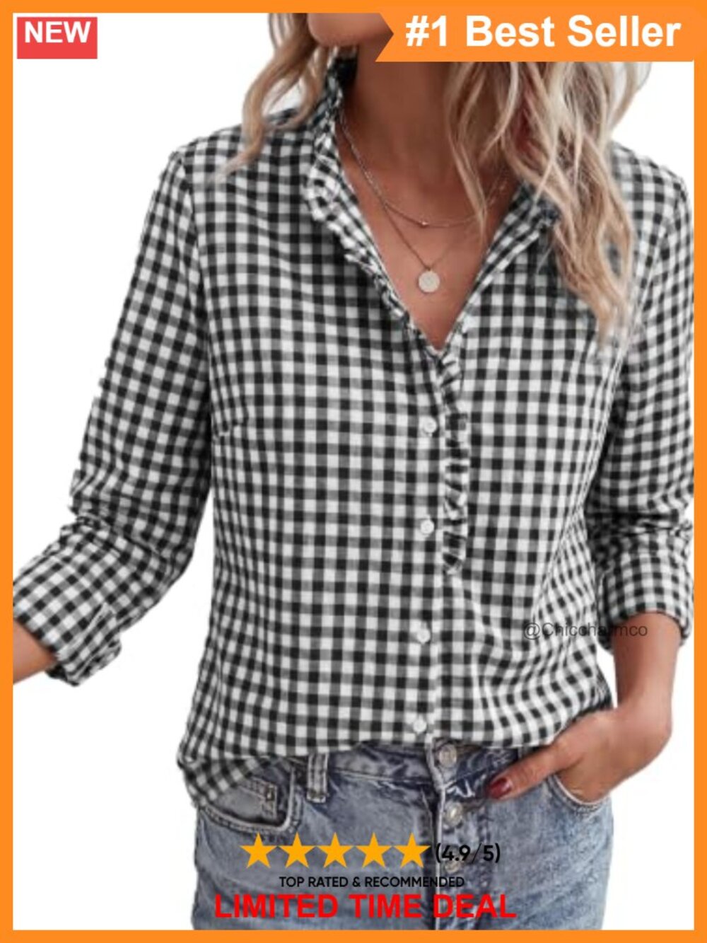 Womens Long Sleeve Button Down Plaid Blouse Ruffle Collar Work Top